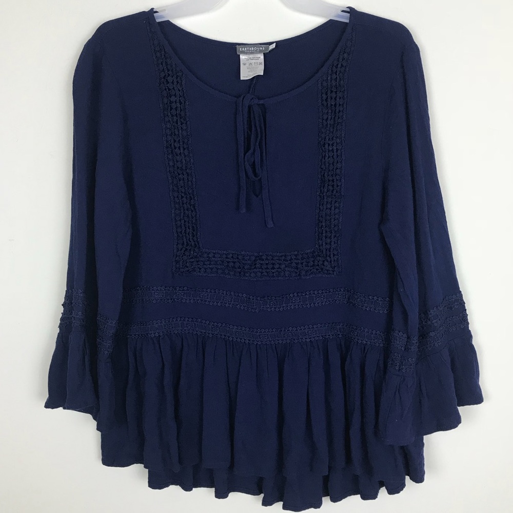 Earthbound Trading Co Navy Boho Peasant Top